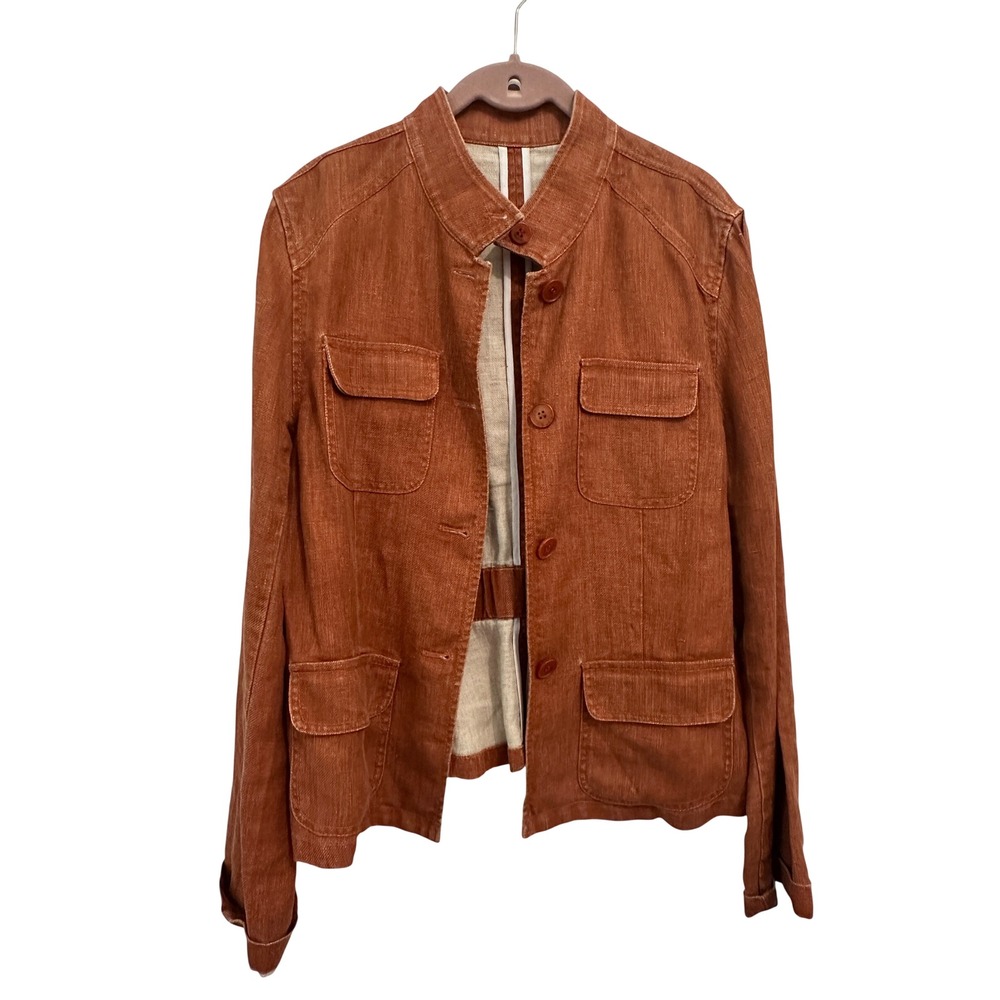 Kenneth Cole Reaction Utility Jacket Rust Orange 100% Linen Field Safari Coat